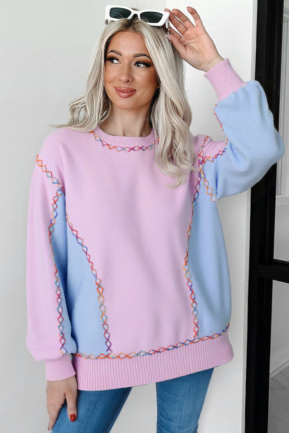 Orchid Bouquet Rainbow Stitching Balloon Sleeve Relaxed Sweater - Snoopy's Closet