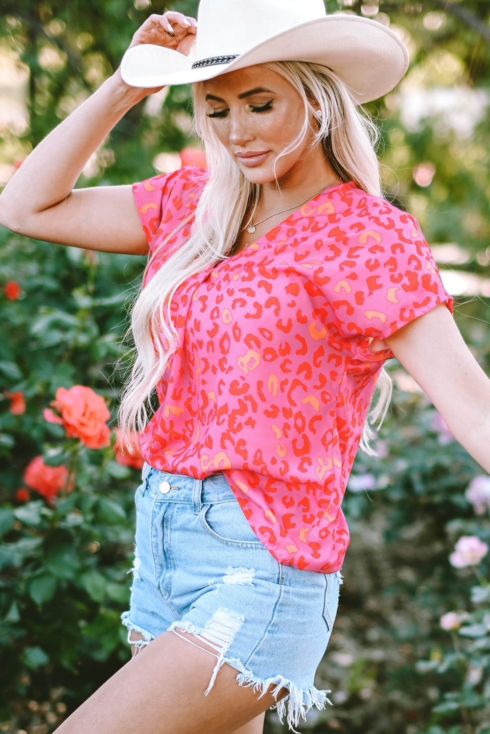 Pink Leopard V Neck Short Sleeve Blouse - Snoopy's Closet