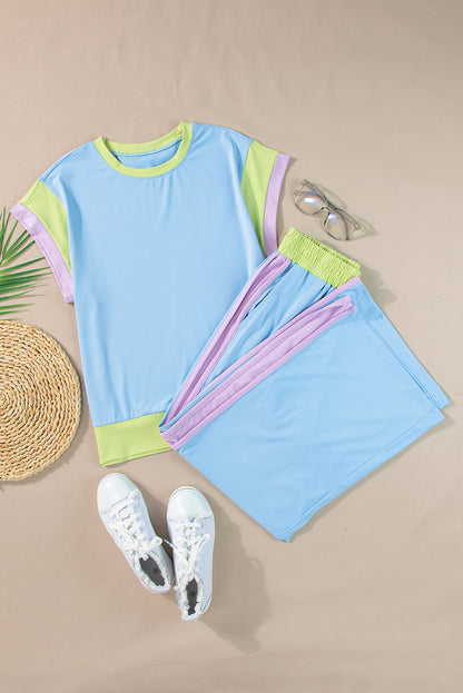 Sky Blue Color Block Detail Casual Two-piece Outfit - Snoopy's Closet