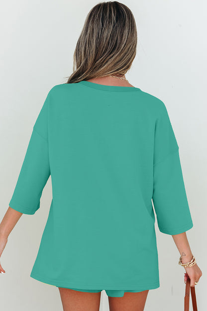 Meadow Mist Green Solid Loose V Neck Half Sleeve Tee and Shorts - Snoopy's Closet