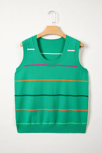 Green Stripe Round Neck Knitted Sweater Tank - Snoopy's Closet