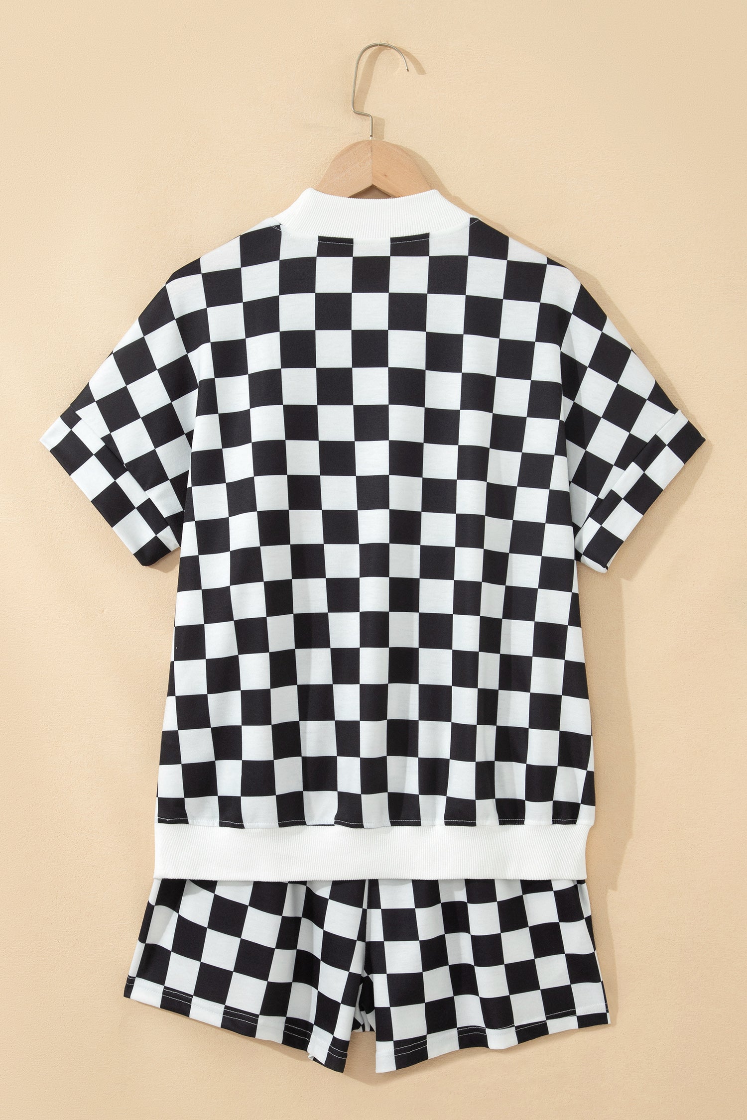 Pink Checkered Print Color Block Trim Mock Neck Short Set - Snoopy's Closet