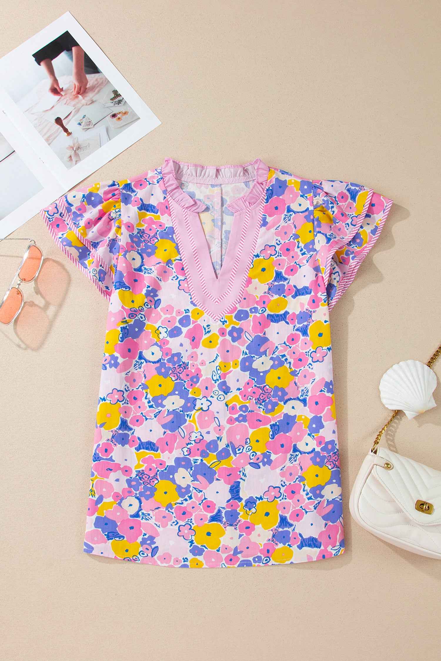 Pink Playful Floral Print Striped Color Block Patchwork V Neck Flutter Sleeve Blouse