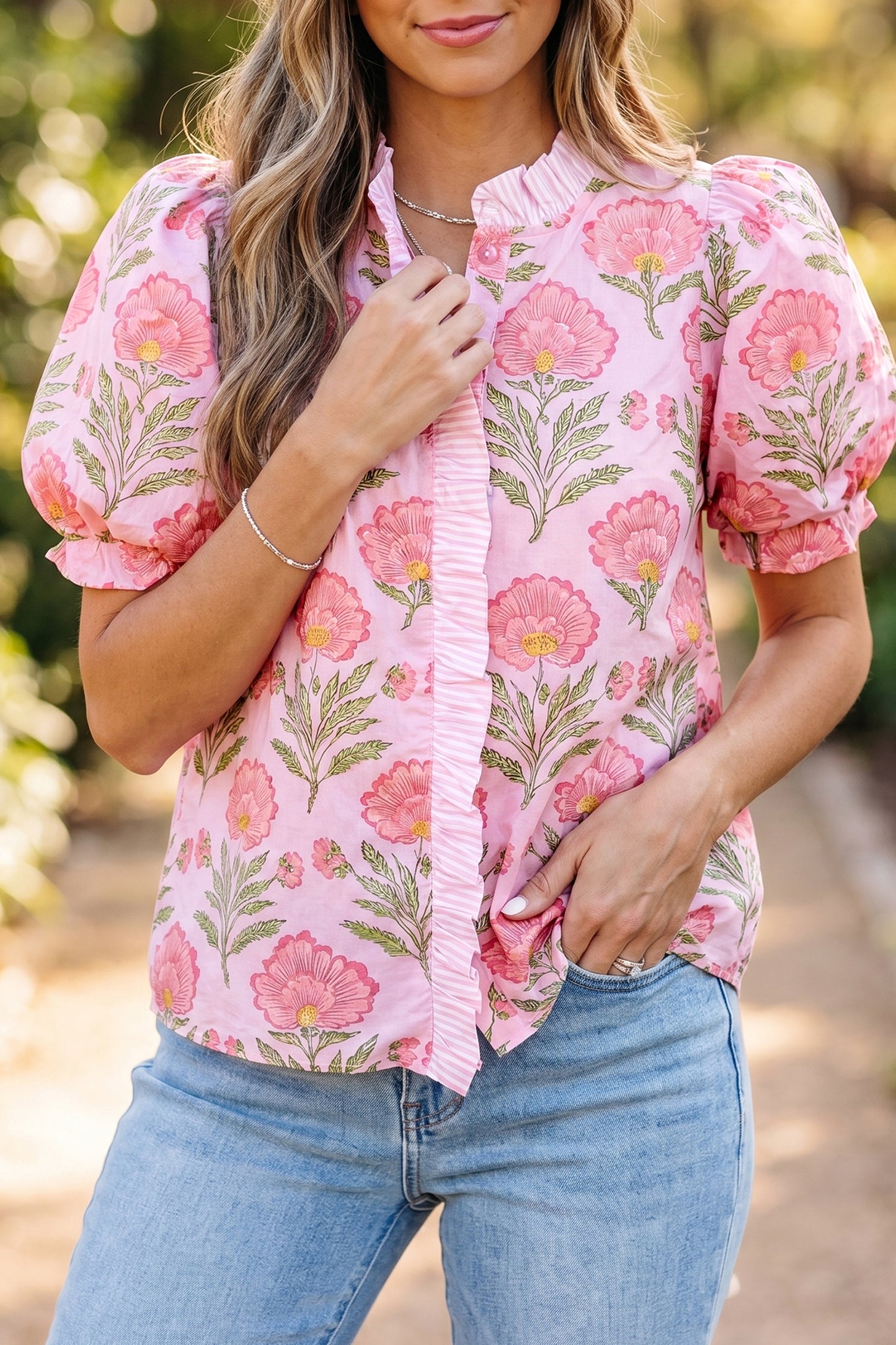Camisa de manga abullonada con volantes y rayas Pink Sweet Blooms