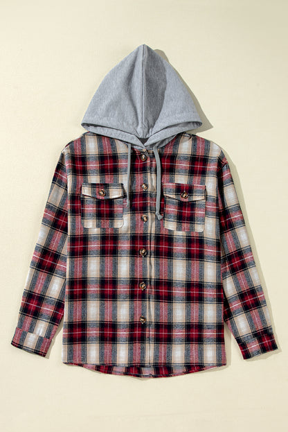 Chaqueta con capucha y bolsillos en el pecho con botones y estampado de cuadros escoceses rojos