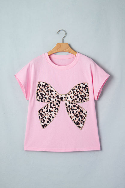 Camiseta de algodón con cuello redondo, estampado de leopardo rosa y lazo bordado
