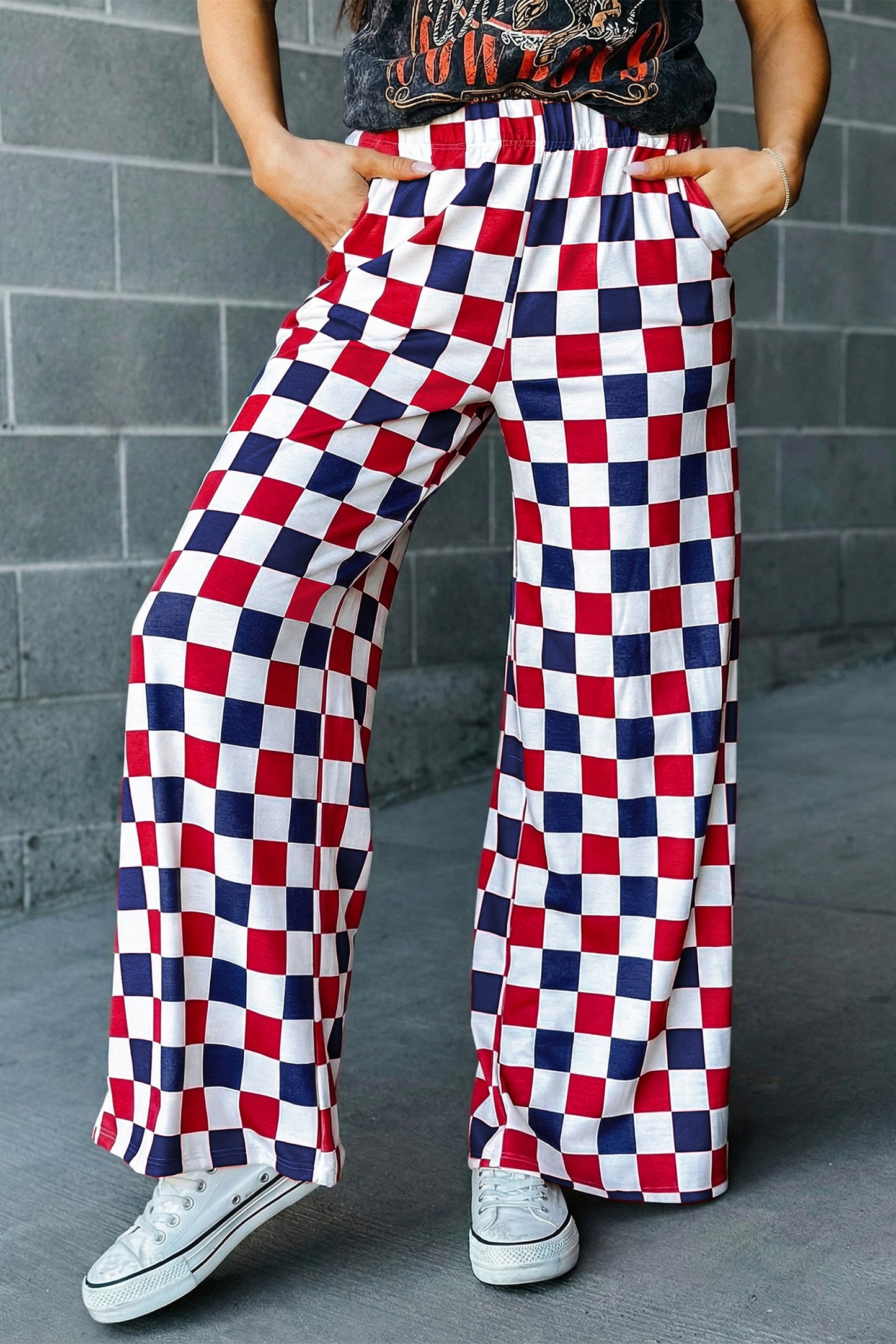 Pantalón de pernera ancha de talle alto con estampado a cuadros de dos tonos en rojo
