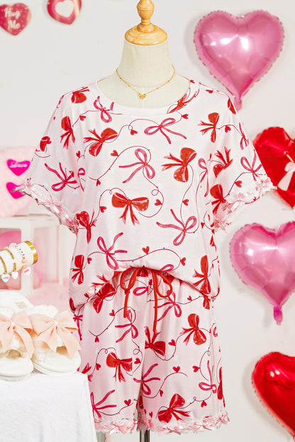 Conjunto de 2 piezas de blusa holgada con estampado de lazo romántico rojo y shorts con cordón para estar en casa