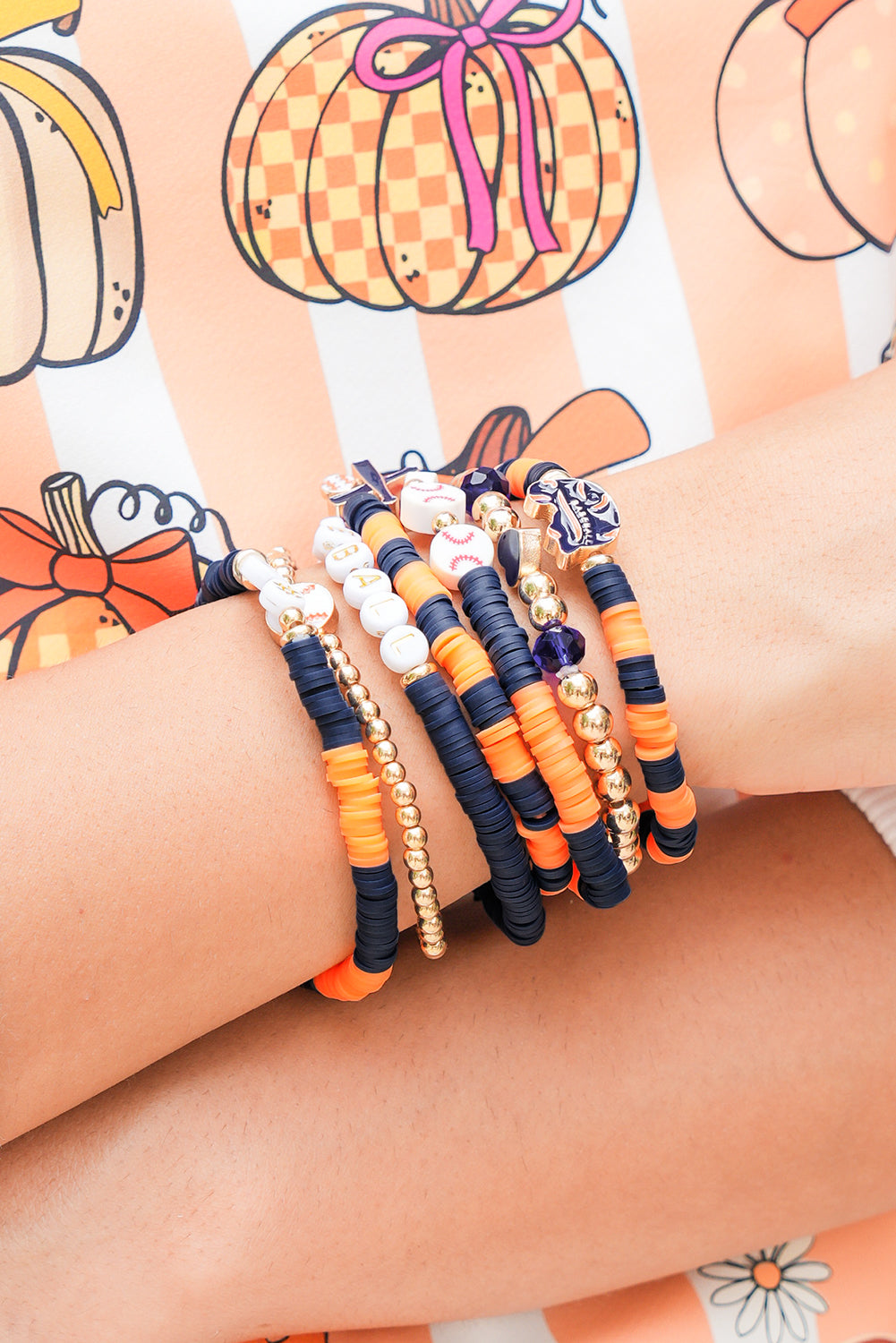 Russet Orange 7pcs Game Day Football Stackable Bracelet Set - Snoopy's Closet