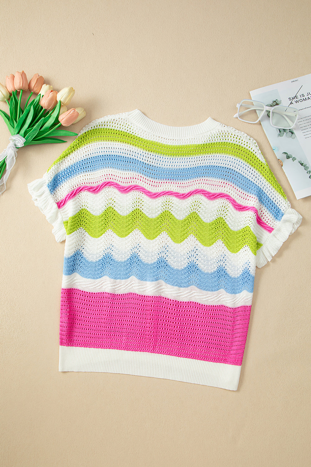 White Colorblock Crochet Knit Ruffled Short Sleeve Sweater Top - Snoopy's Closet