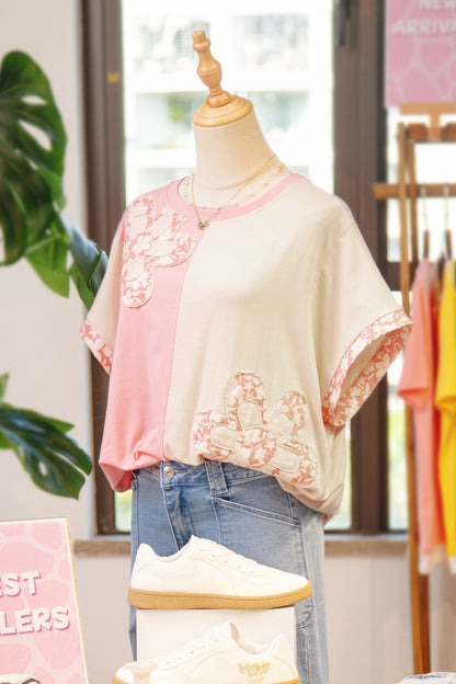 Apricot Color Block Flower Patched Loose T Shirt - Snoopy's Closet