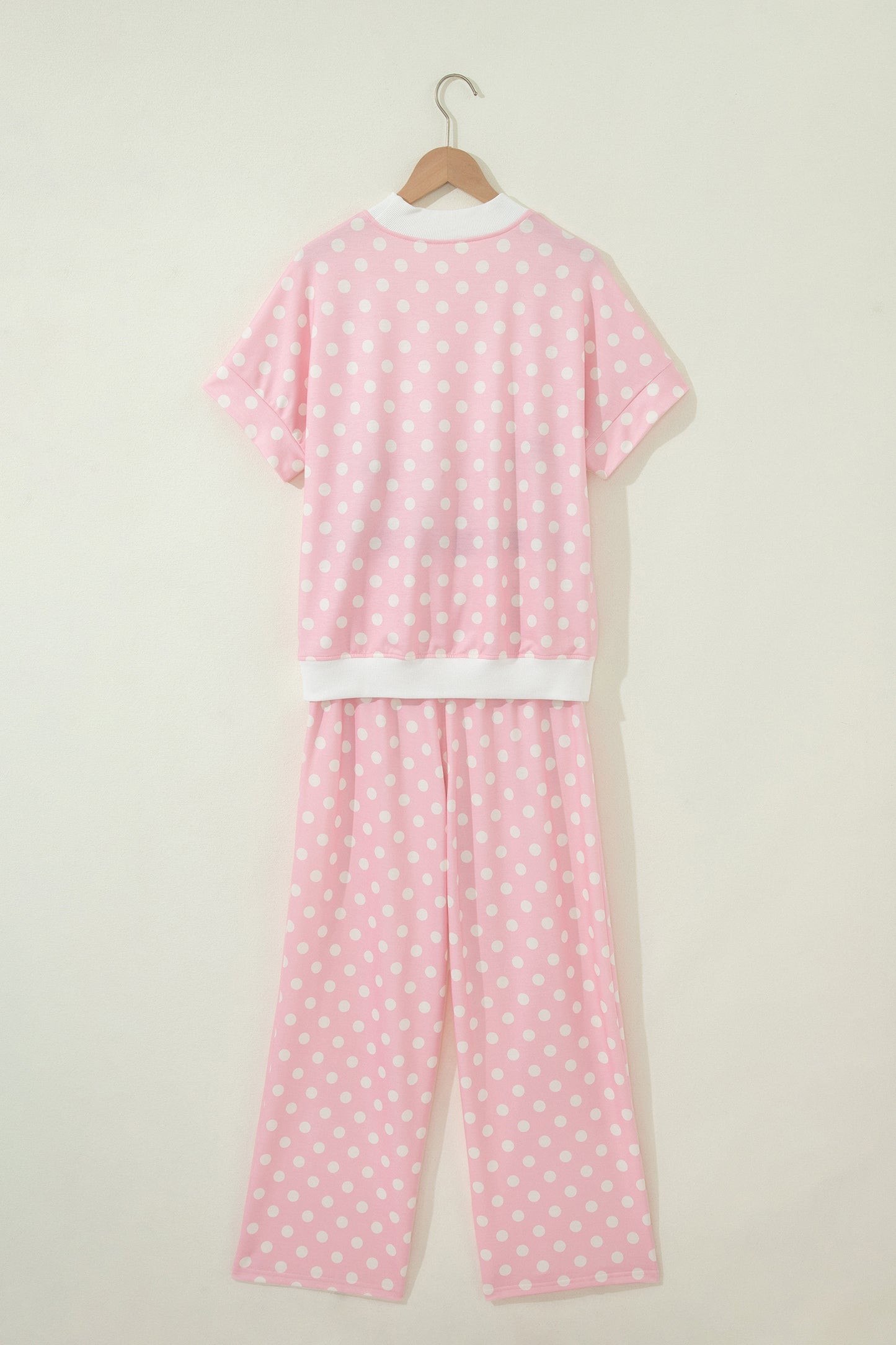 Pink Polka Dot Print Mock Neck Short Sleeve Top Shift Pant Set
