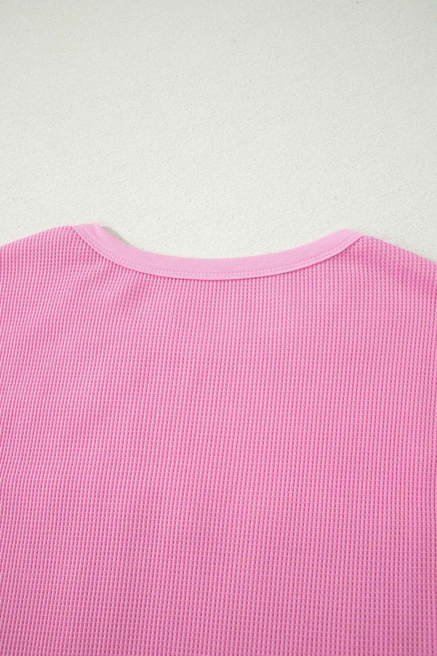 Pink Solid Color Raw Seam Waffled Patchwork Casual T Shirt