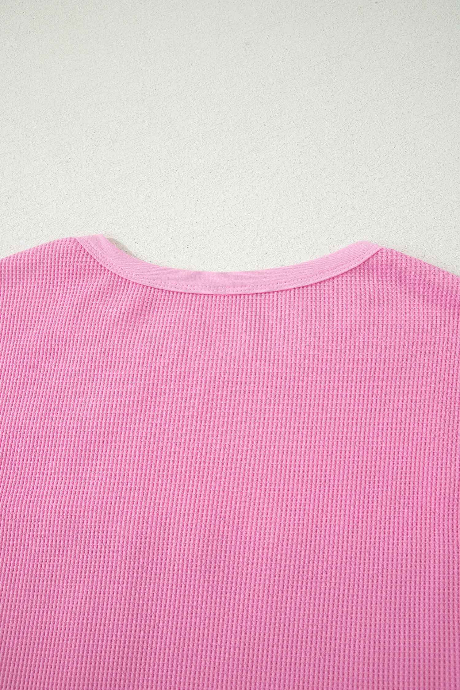 Pink Solid Color Raw Seam Waffled Patchwork Casual T Shirt