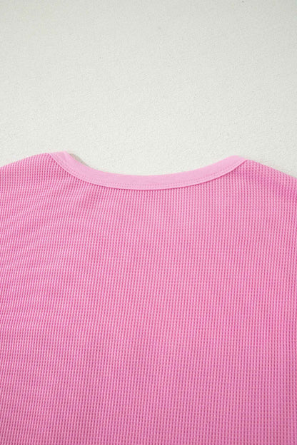 Pink Solid Color Raw Seam Waffled Patchwork Casual T Shirt