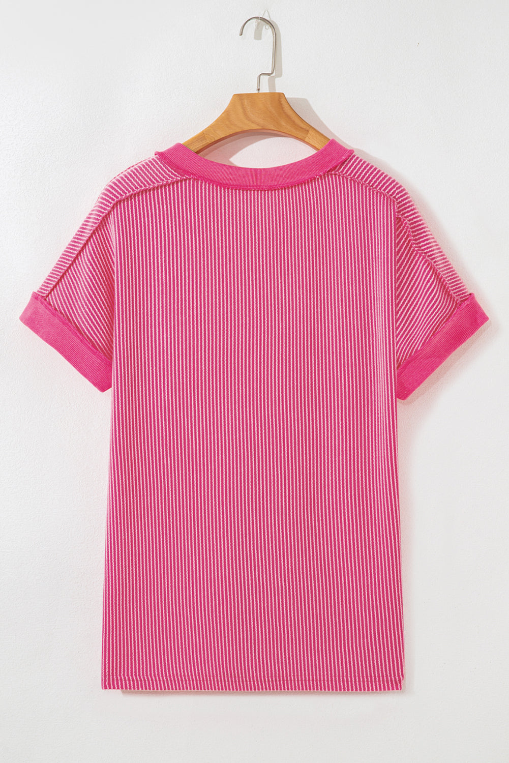 Rose Red Twisted Ribbed Knit V Neck Casual Tee - Snoopy's Closet