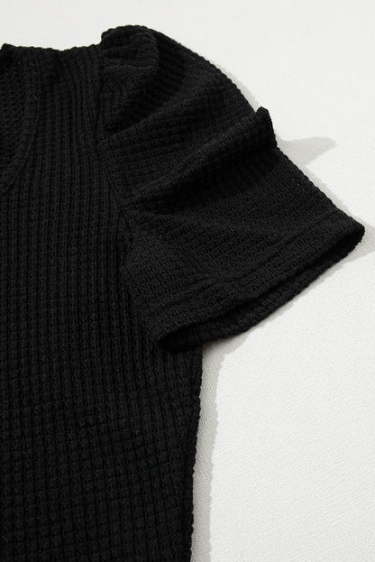 Black Waffle Knit Ruched Puff Sleeve Top - Snoopy's Closet