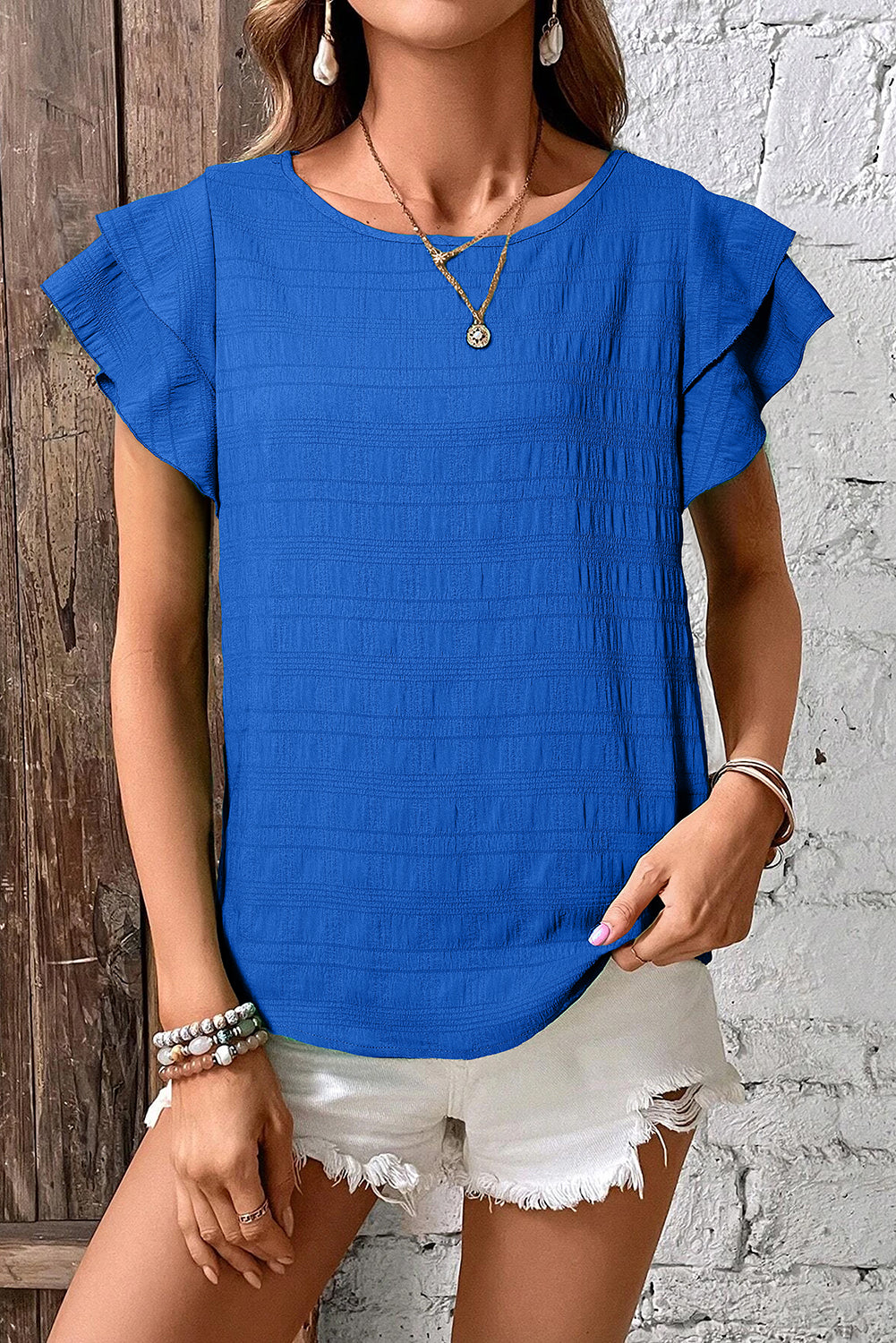 Dark Green Textured Ruffled Sleeve Round Neck Top - Snoopy's Closet