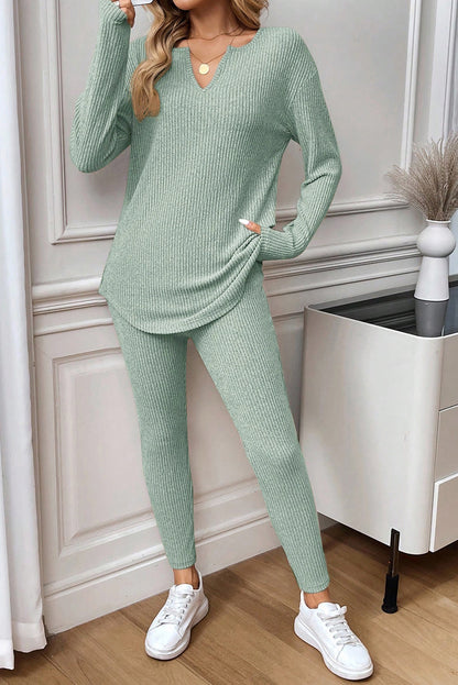 Grass Green Ribbed Notched Neck Knit Long Sleeve Leggings Two Pieces Lounge Set - Snoopy's Closet