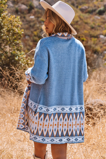 Cárdigan de punto abierto con estampado azteca azul