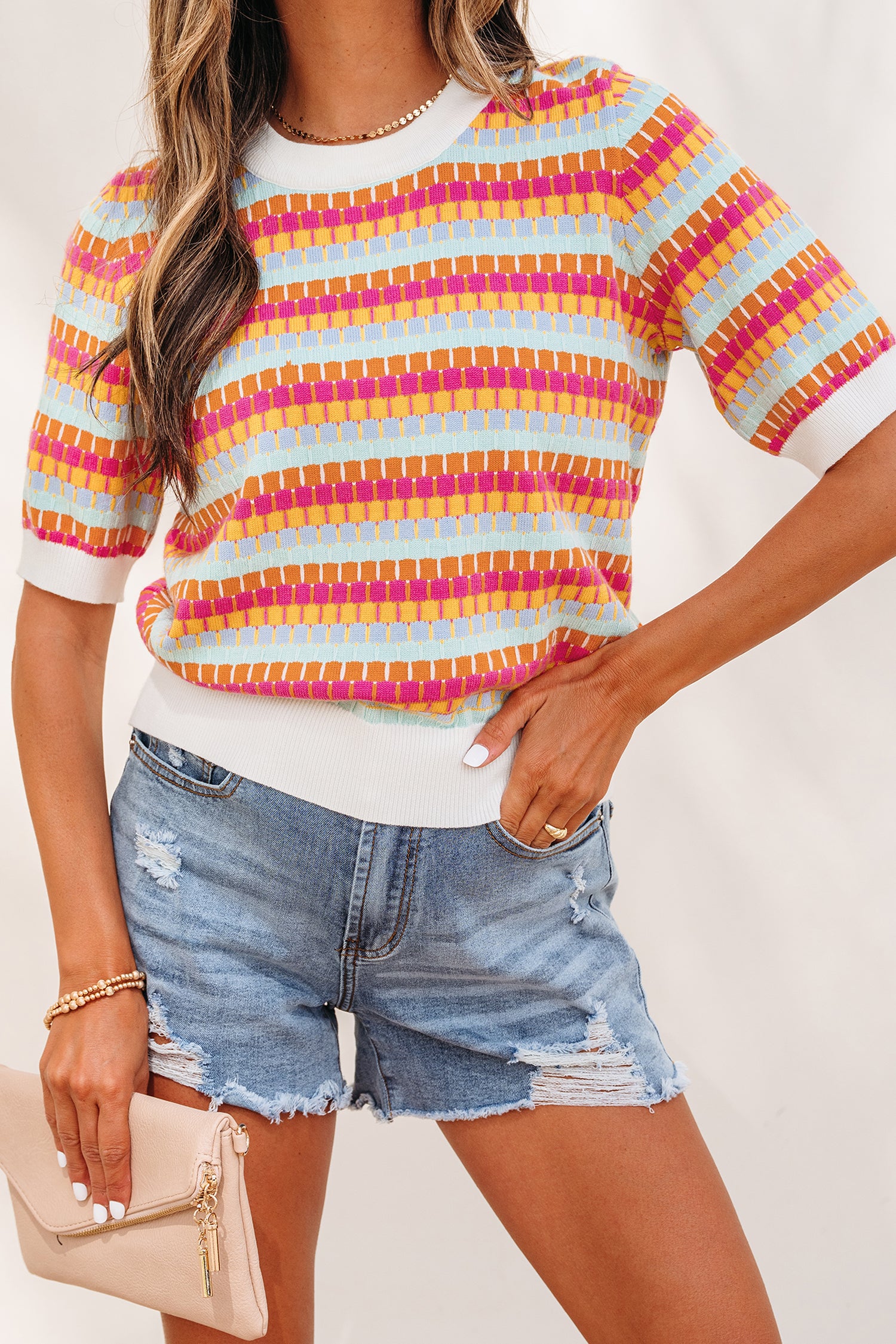 Orange Abstract Striped Knit Short Sleeve Sweater - Snoopy's Closet