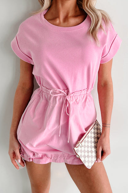 Minivestido con cordón, cuello redondo, manga corta con puño y retazos de telas mixtas Bonbon