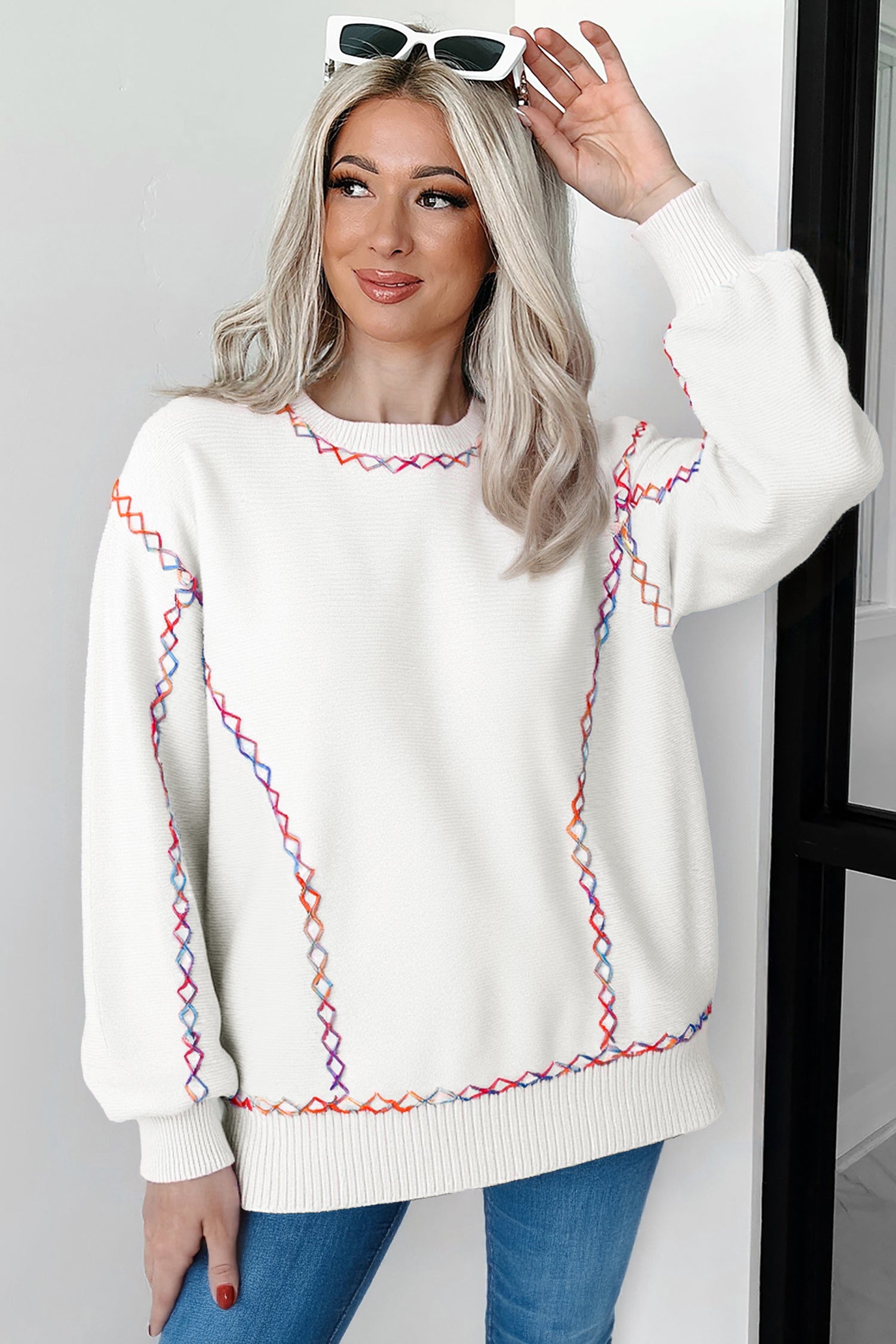 White Rainbow Stitching Balloon Sleeve Relaxed Sweater - Snoopy's Closet