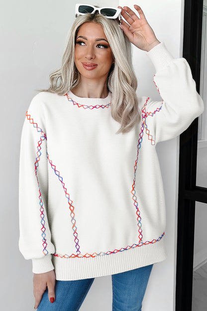 White Rainbow Stitching Balloon Sleeve Relaxed Sweater - Snoopy's Closet