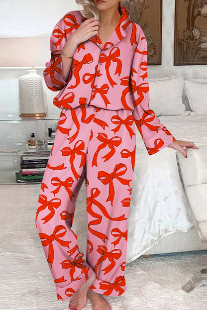 Pink 2pcs Bow Print Shirt Style Long Sleeve Pajama Set - Snoopy's Closet