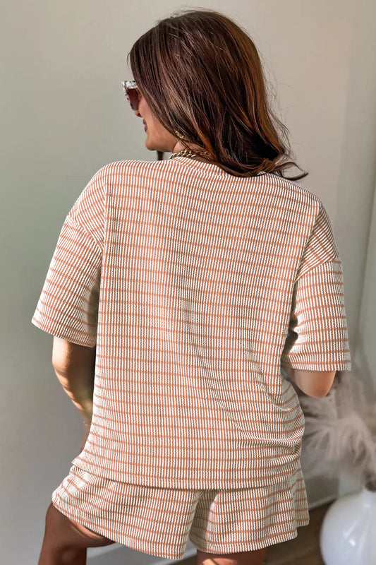 Conjunto de 2 piezas de camiseta suelta de canalé en raya caqui y pantalón corto con cintura elástica con cordón