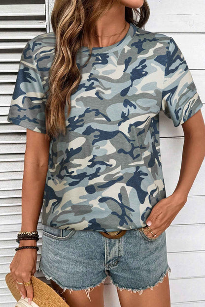 Pink Camouflage Print Crew Neck T Shirt