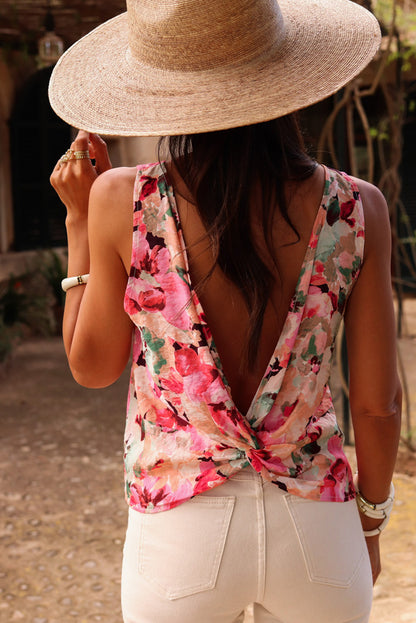 Pink Floral Round Neck Twisted Cut Out Back Tank Top - Snoopy's Closet