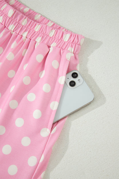 Sky Blue Polka Dot Print Color Block Trim Mock Neck Short Set - Snoopy's Closet