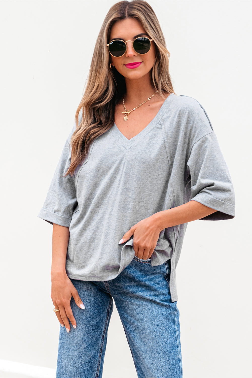 High Raglan Half Sleeve V Neck Oversized T Shirt - Snoopy's Closet