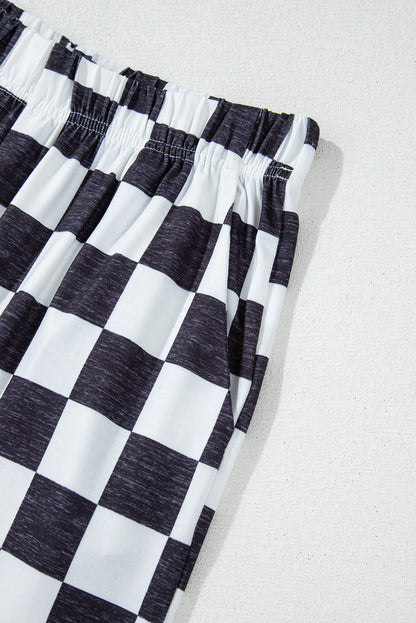 Pantalones anchos de cintura alta con estampado a cuadros de dos tonos negros
