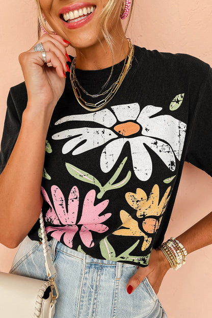 Camiseta casual de cuello redondo con estampado floral retro negro