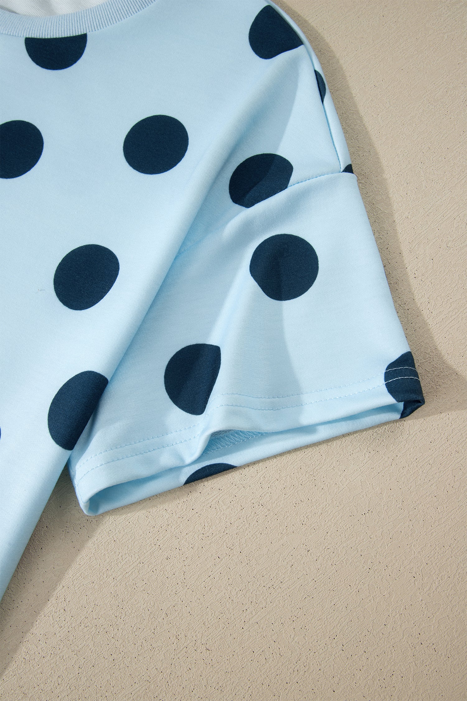 Sky Blue Polka Dot Print Loose Tee Drawstring Elastic Waist Short Set - Snoopy's Closet