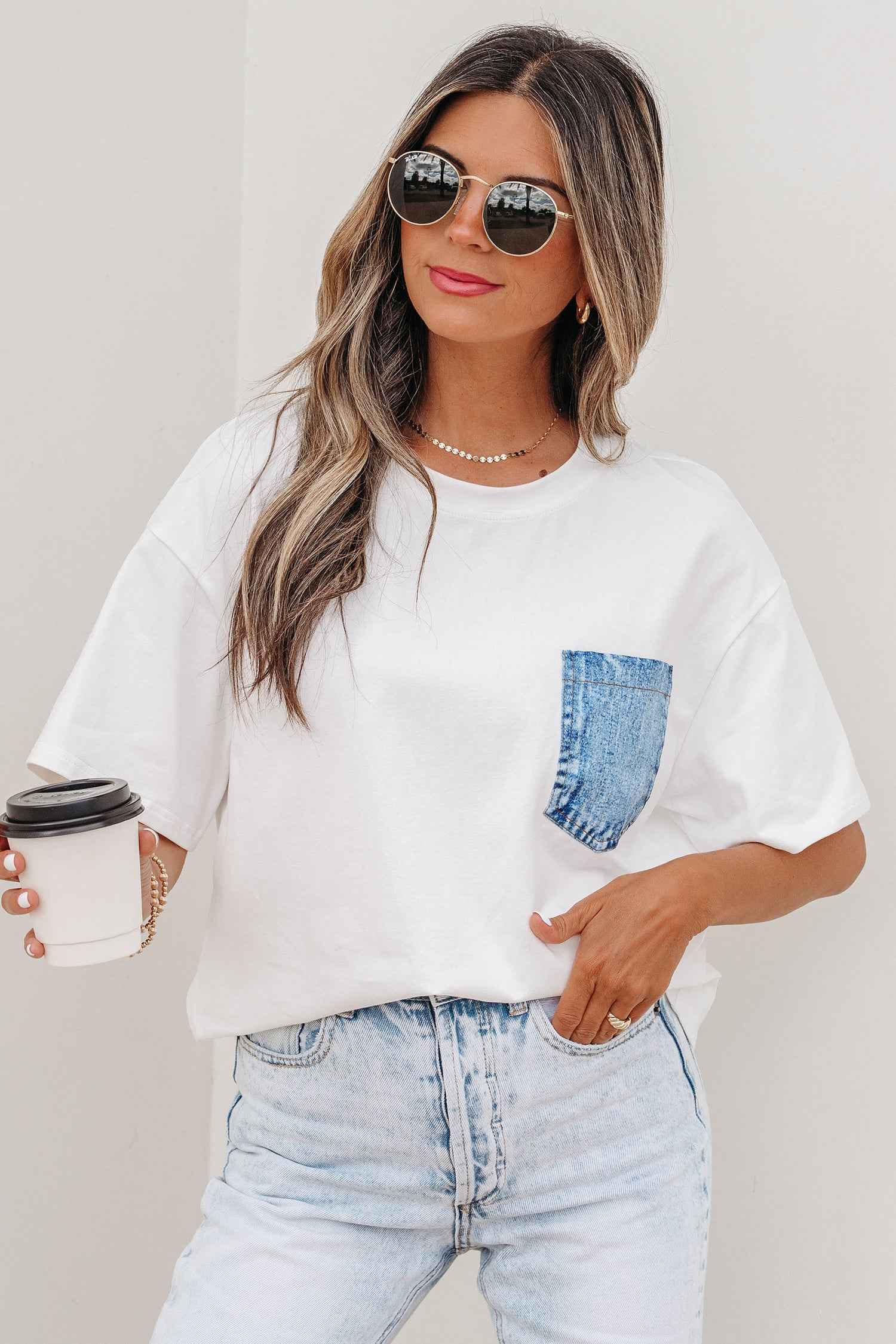 White Color Block Chest Pocket Patched Casual Short Sleeve Top