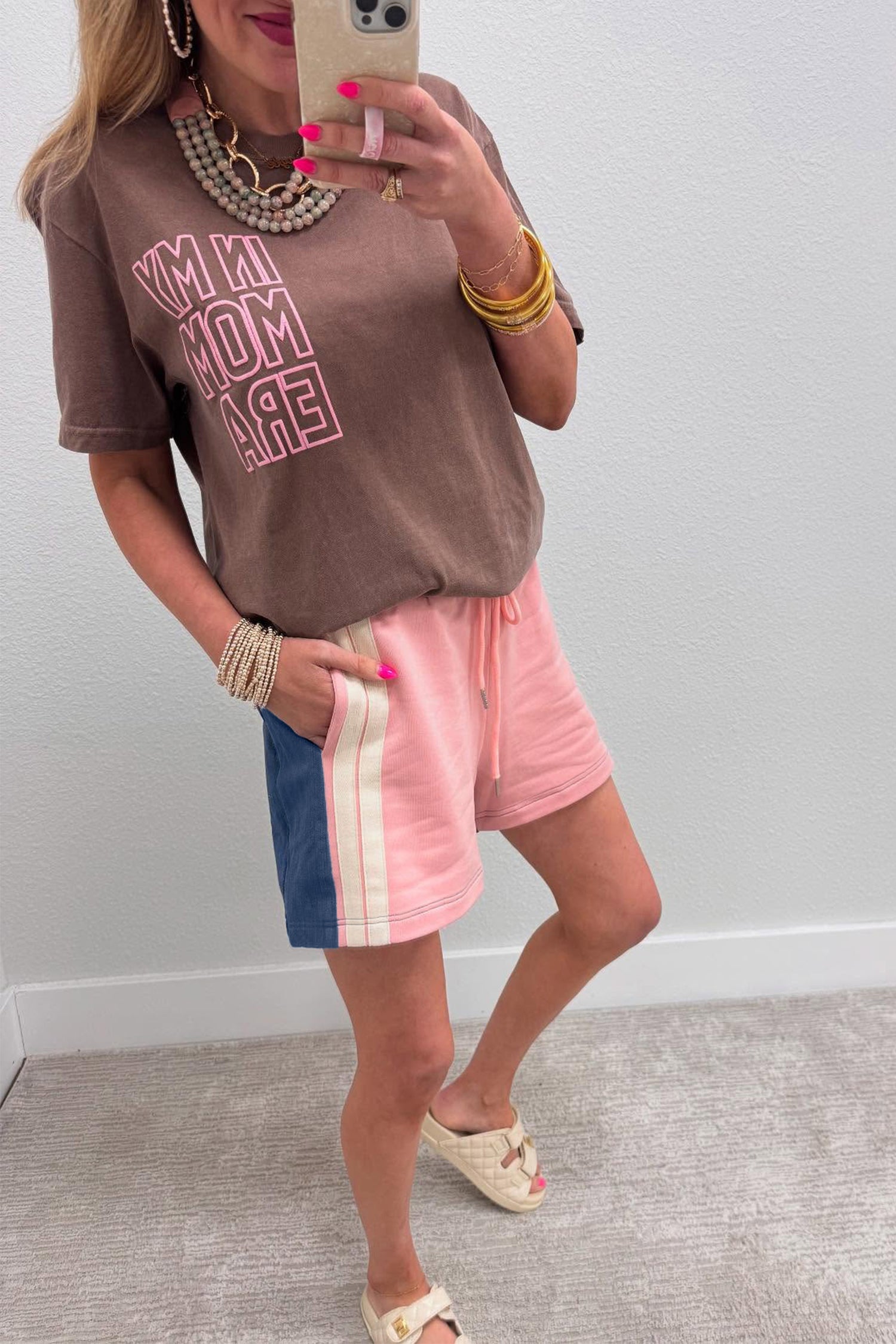 Pink Color Block Patchwork Varsity Striped Detail Drawstring Elastic Waist Shorts - Snoopy's Closet