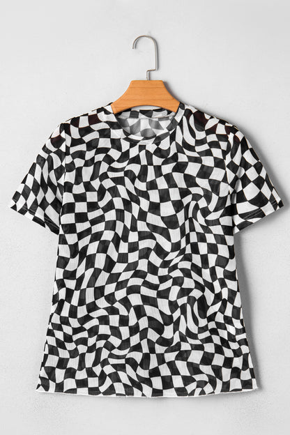 Black Checkered Print Crew Neck Mesh T Shirt - Snoopy's Closet