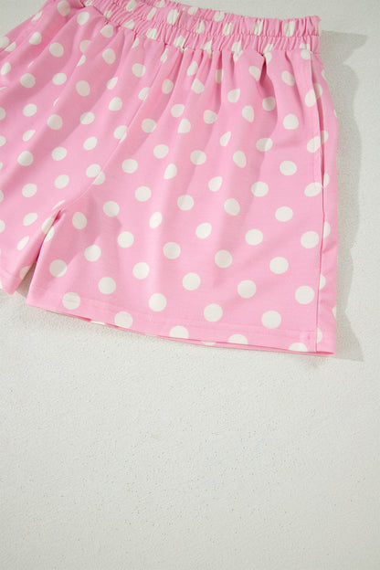 Sky Blue Polka Dot Print Color Block Trim Mock Neck Short Set - Snoopy's Closet