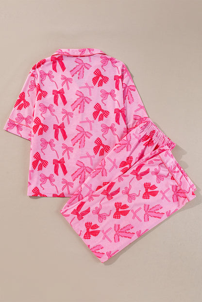 Conjunto de pijama de lazo rosa con estampado de solapa, manga corta y pantalón
