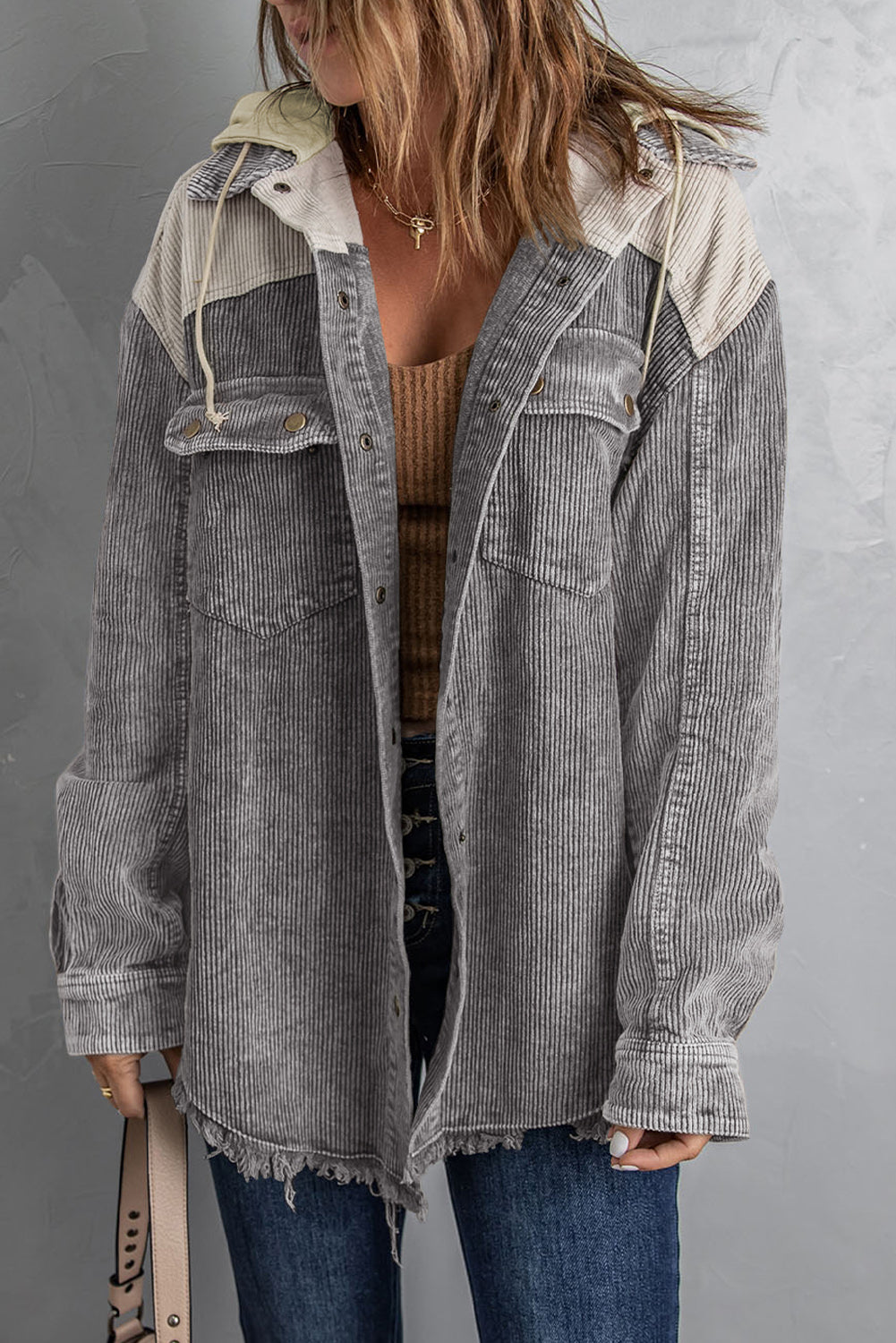 Gray Color Block Button Down Hooded Corduroy Jacket - Snoopy's Closet