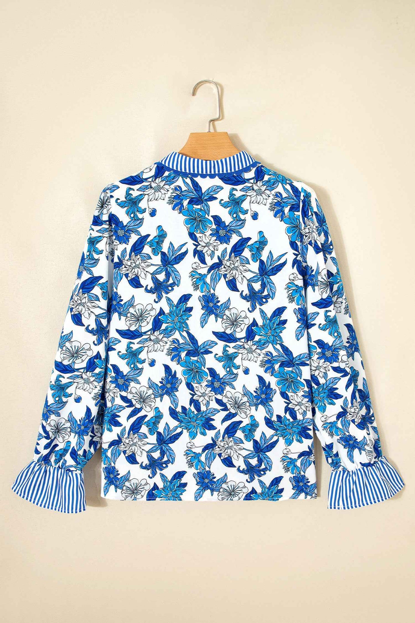Sky Blue Floral Print Striped Patchwork Long Flounce Sleeve Ricrac Trim V Neck Blouse
