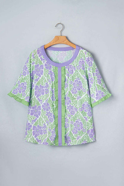 Sky Blue Floral Print Ruffled Color Block Trim Half Sleeve Blouse