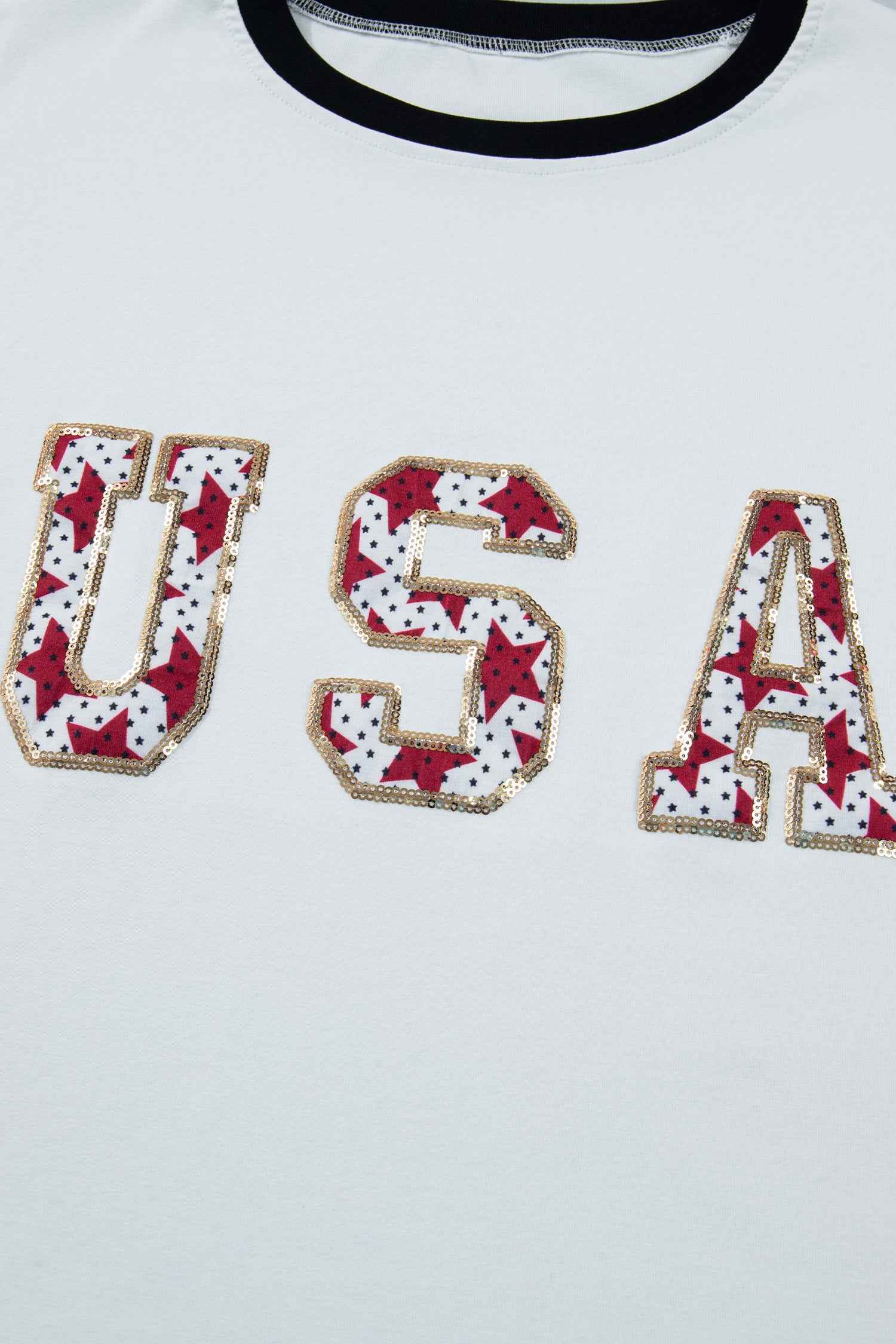 White USA Sequin Color Block Trim Loose T Shirt