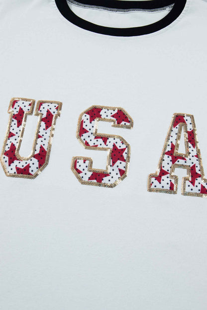 White USA Sequin Color Block Trim Loose T Shirt