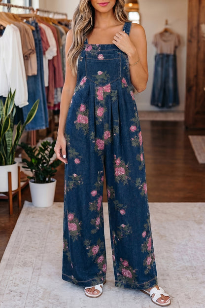Mono vaquero plisado de pernera ancha y talle alto con estampado floral Blue Beau