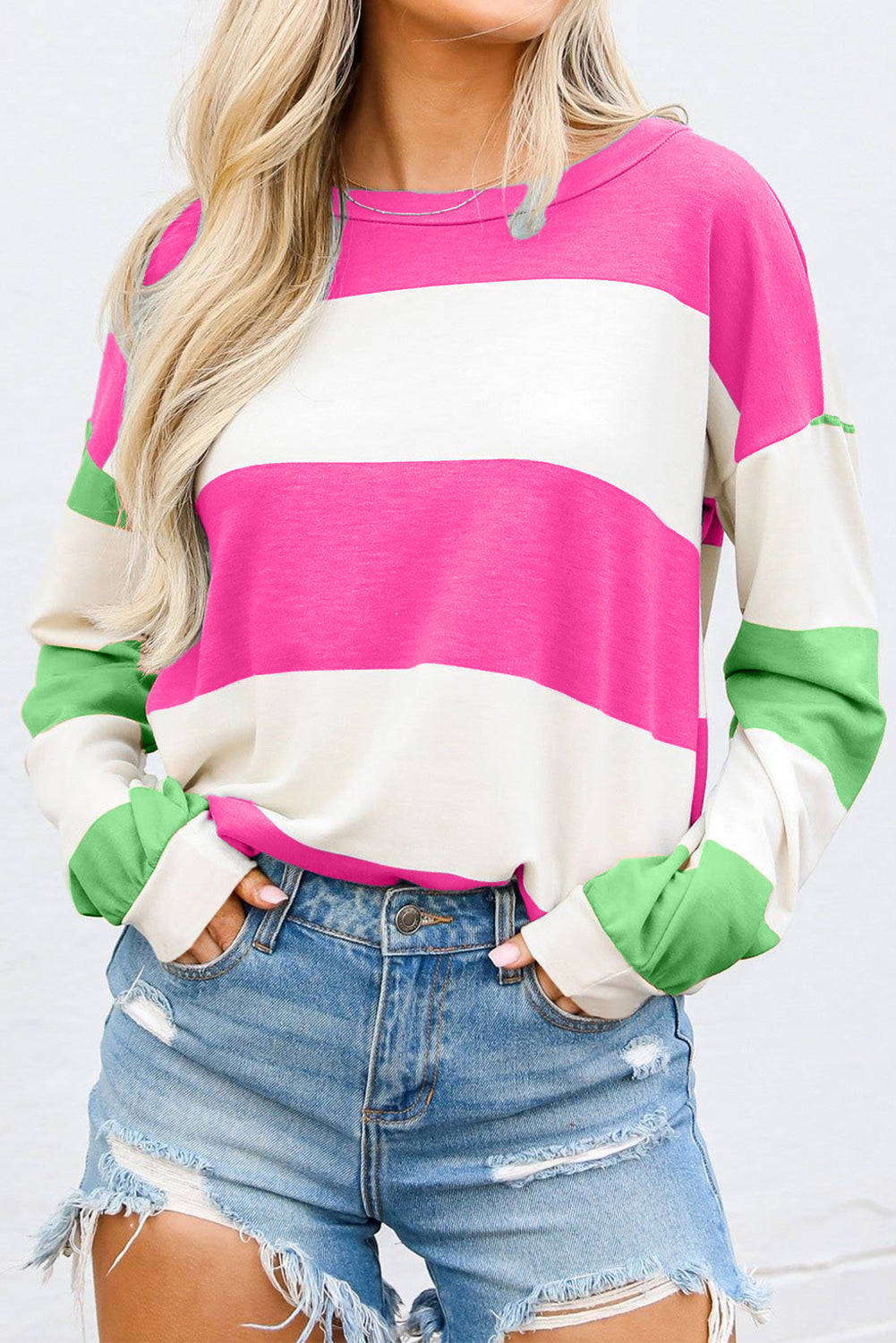 Light Blue Colorblock Striped Drop Shoulder Long Sleeve Top - Snoopy's Closet
