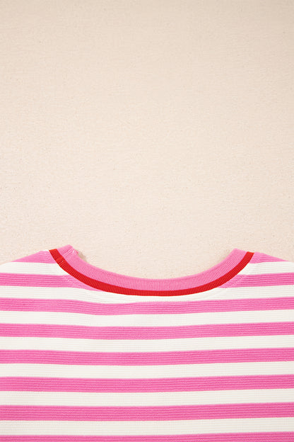 Pink Stripe Contrast Trim Short Sleeve Top Loose Shorts 2pcs Casual Outfit